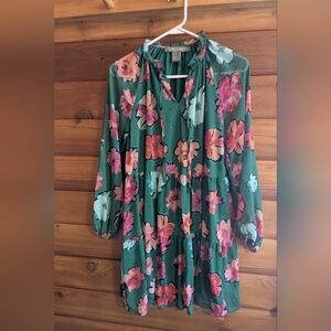 Green Floral Tie-Neck Women’s Dress